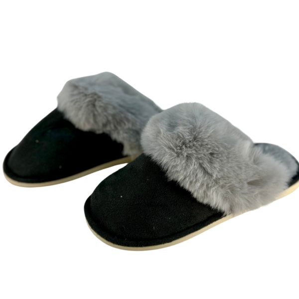 Ladies slippers - Dark grey furry lined mule slipper